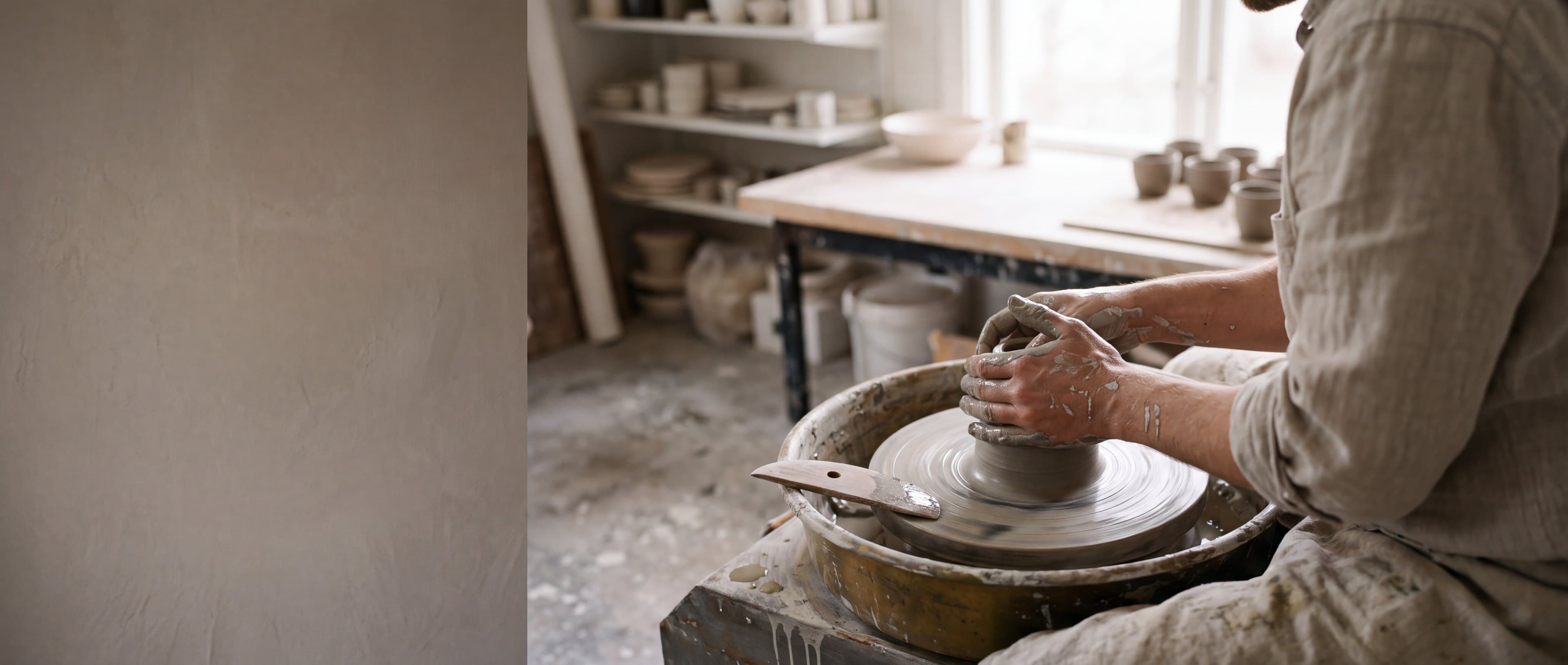 A potter centering clay on the wheel in the HJADA studio